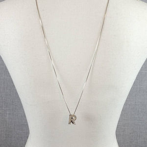 Silver Tone Initial Letter "R" Rhinestone Pendant Snake Chain Necklace